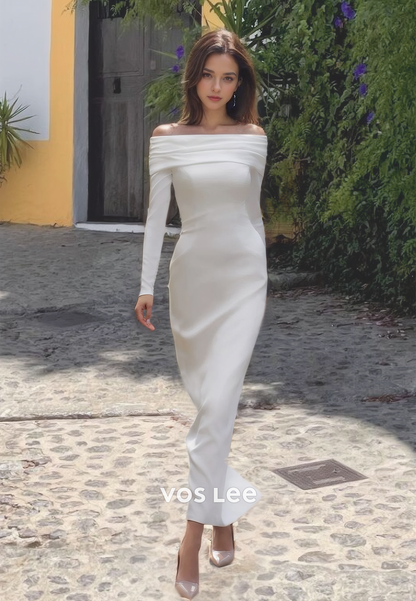 Elegant Column Ankle Length Engagement Dress Long Sleeves Button Back VOS LEE Elegant Column Ankle Length Engagement Dress Long Sleeves Button Back VOS LEE