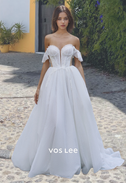 Fancy Off-Shoulder Sweetheart Tulle Wedding Dress Zipper Back Floor Length Bride Dresses