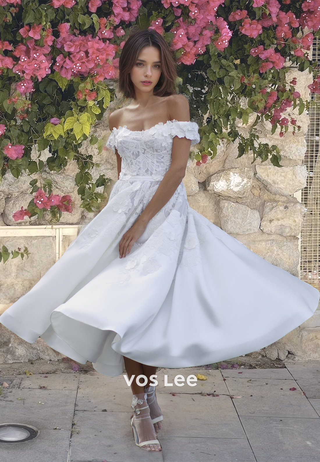 Pretty A-Line Sweetheart Appliqued Wedding Dress Off-Shoulder Tea Leng – VOS LEE