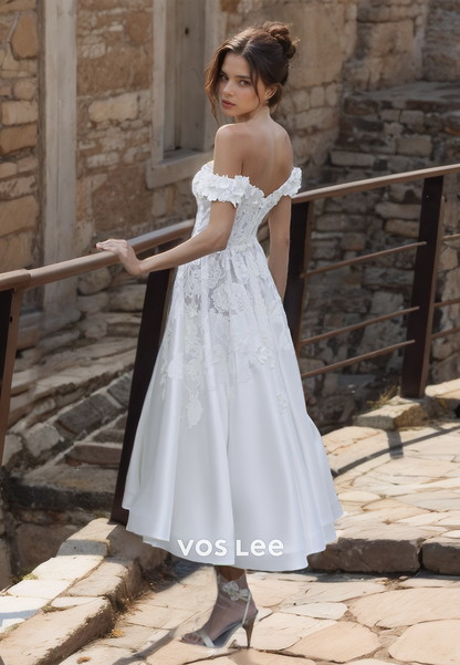 Pretty A-Line Sweetheart Appliqued Wedding Dress Off-Shoulder Tea Length Formal Wedding Gown