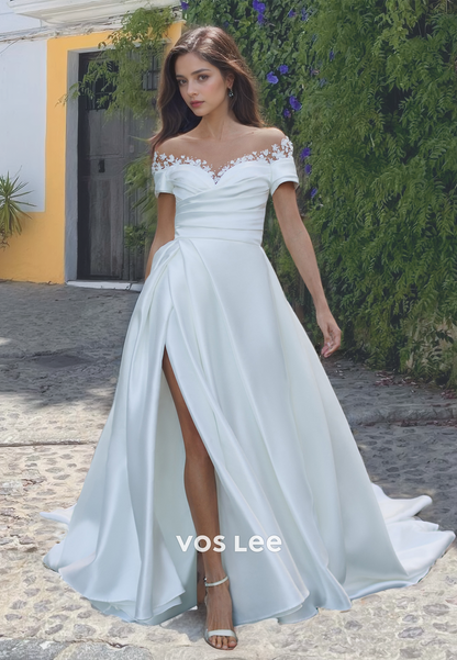 A-Line Satin Sweetheart Pleated Wedding Dress Side Slit Off-Shoulder Zipper Back Wedding Gown