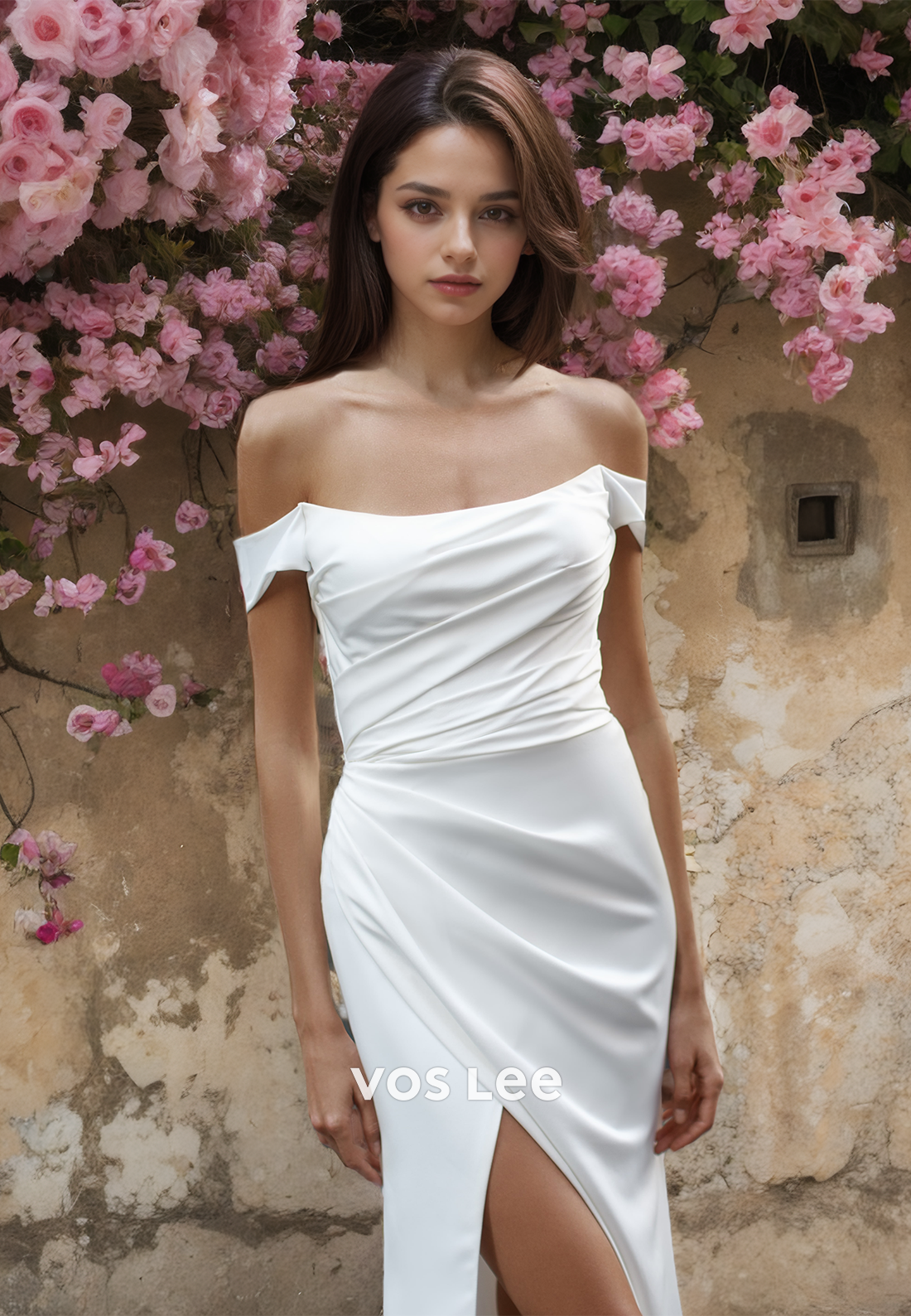 Simple Off-Shoulder Floor Length Elegant Wedding Dress Scoop Satin Pleated Engagement Dress