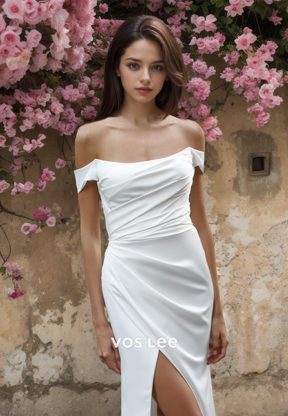 Simple Off-Shoulder Floor Length Elegant Wedding Dress Scoop Satin Pleated Engagement Dress