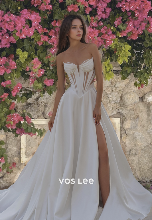 Luxurious Sweetheart Formal Occasion Party Dress with High Slit A-Line Satin Beach Wedding Dresses