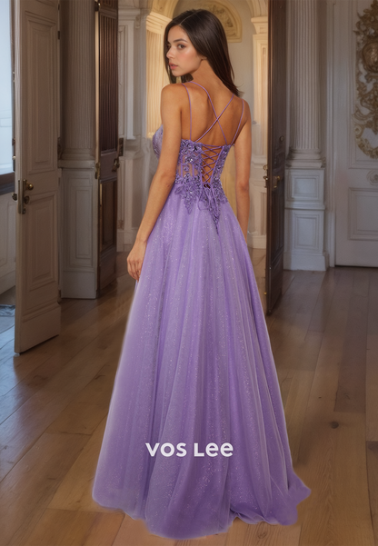 A-Line Appliqued Purple Glitter Quinceanera Dresses Spaghetti Straps Lace Up Formal Party Dress