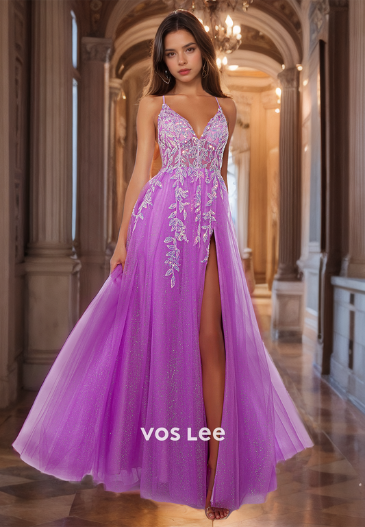 Sparkly V Neck Purple Appliqued Prom Gown with High Slit Spaghetti Straps Backless Glitter A-Line Quinceanera Dress