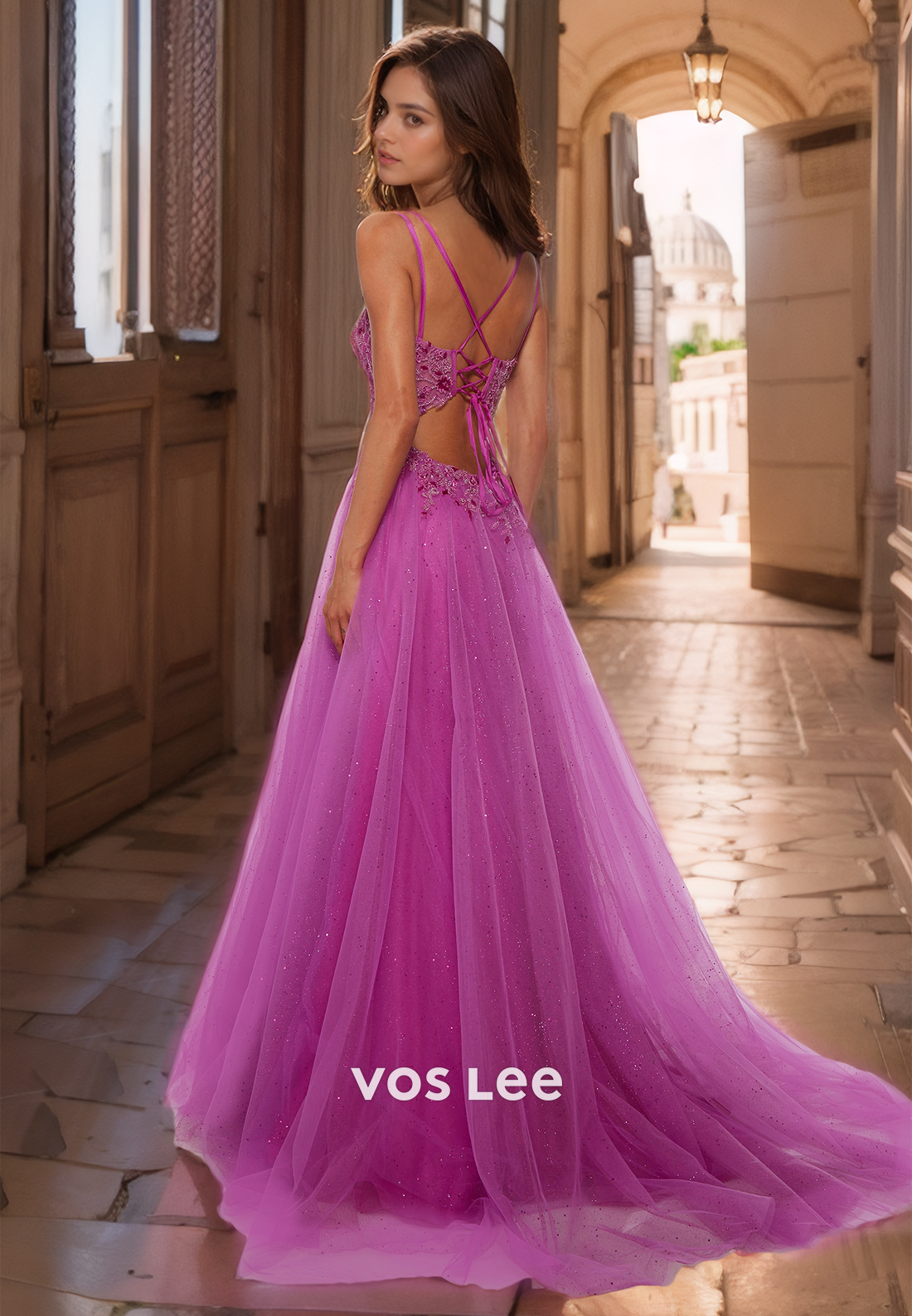 A-Line Fancy Tulle Spaghetti Straps Quinceanera Dress Lace Up Glitter Formal Occasion Party Gown with High Slit