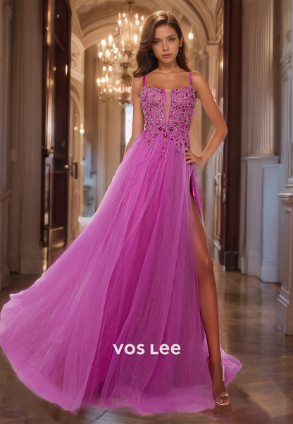 A-Line Fancy Tulle Spaghetti Straps Quinceanera Dress Lace Up Glitter Formal Occasion Party Gown with High Slit