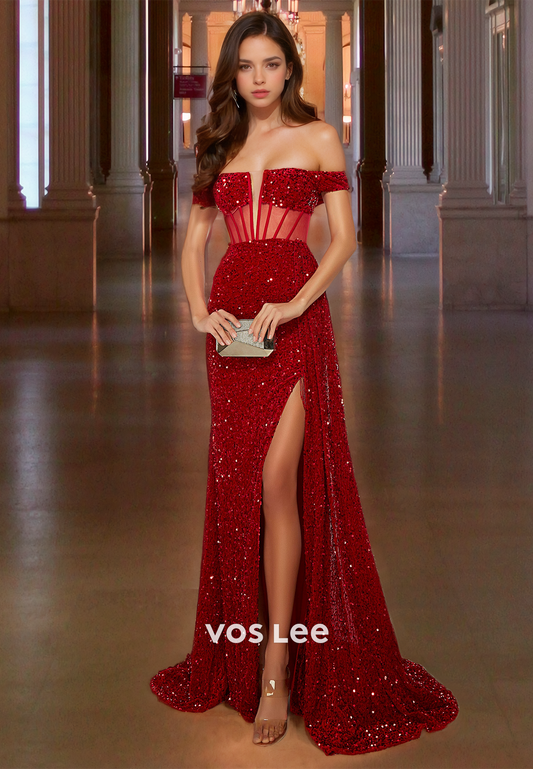 Sparkly Column Red Sequins Prom Dress with High Split Off-Shoulder Lace Up Cocktail Dresses