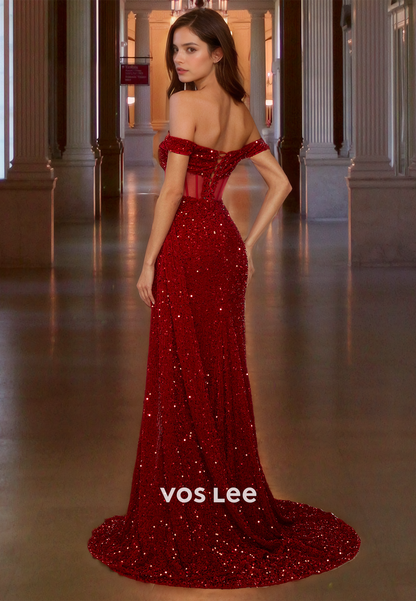 Sparkly Column Red Sequins Prom Dress with High Split Off-Shoulder Lace Up Cocktail Dresses