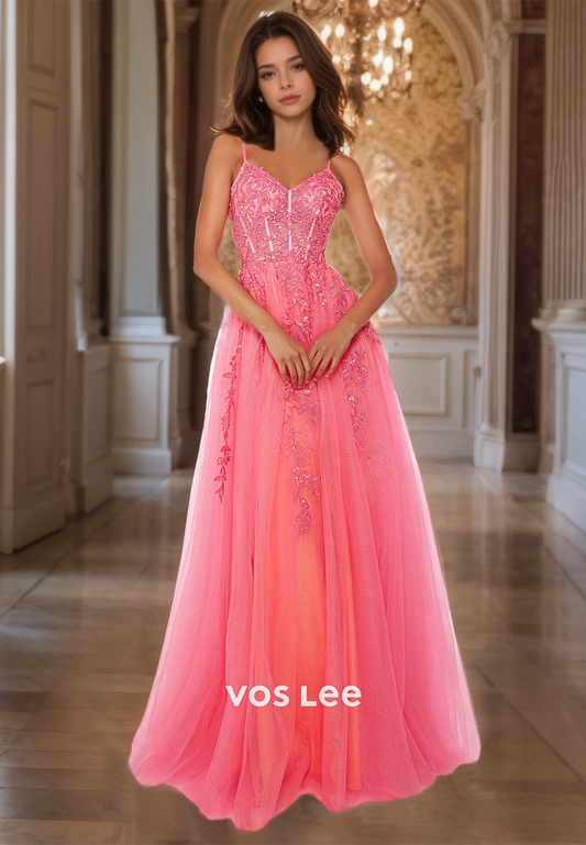 Luxurious V Neck Flamingo A-Line Prom Dress Floor Length Straps Appliqued Quinceanera Dresses