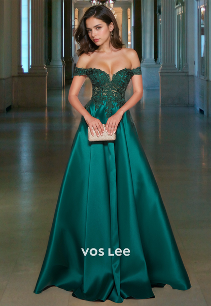 Vintage A-Line Dark Green Formal Quinceanera Dress Sweetheart Appliqued Off-Shoulder Night Party Gown