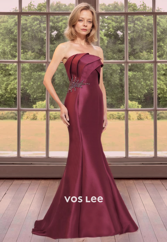 Burgundy Pleated Strapless Satin Mermaid Luxury Mother of the Bride Dress with Zipper Back