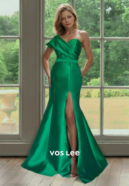 Classy Green Floor Length One Shoulder Satin Mermaid Mother of the Bride Dress