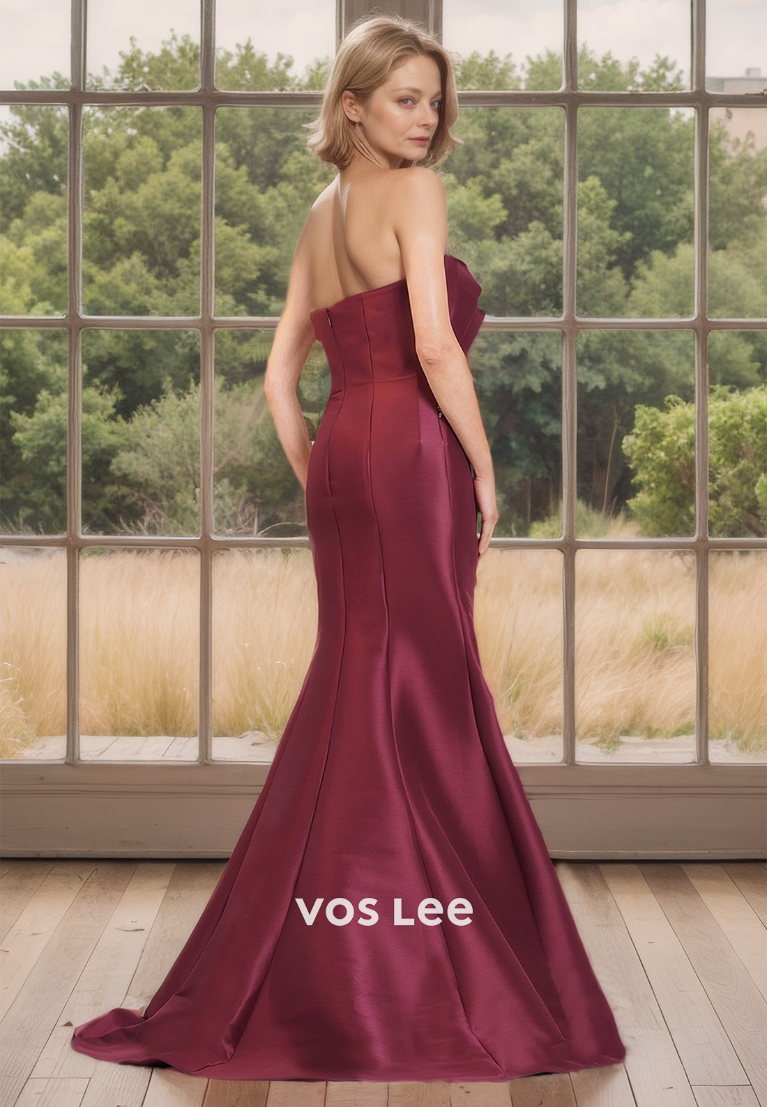 Burgundy Pleated Strapless Satin Mermaid Luxury Mother of the Bride Dress with Zipper Back