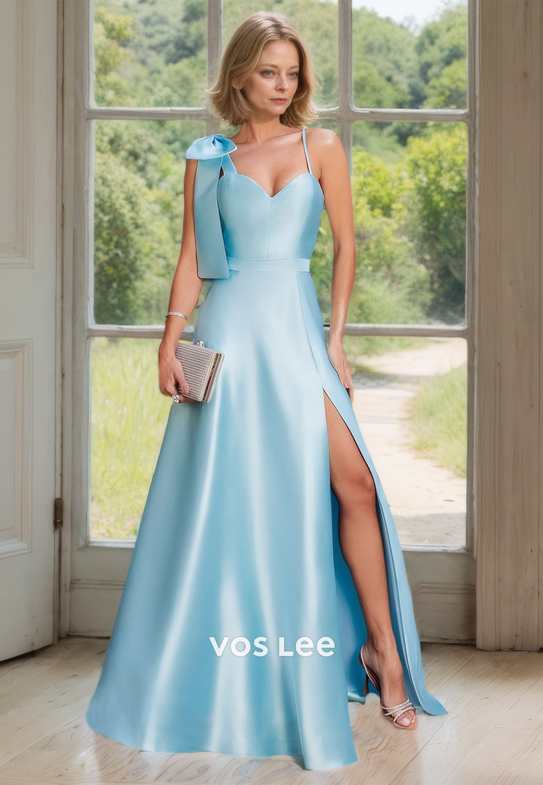 Graceful V Neck Satin Spaghetti Straps Floor Length Mother of the Bride Dress with Side Split