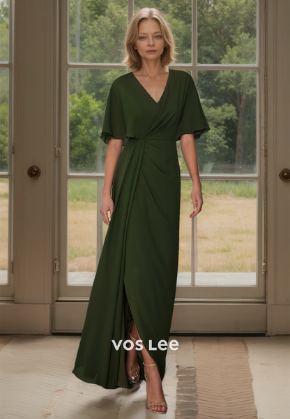 Vintage V Neck Floor Length Short Sleeves Dark Green Mother of the Bride Dress/Cocktail Dresses