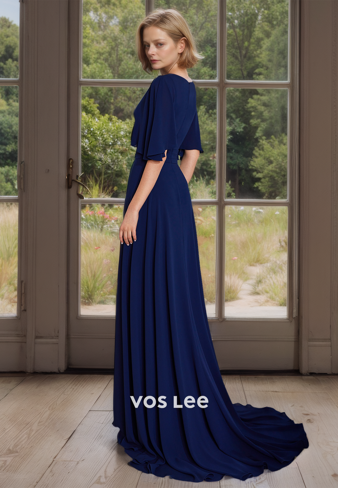 V Neck Elegant Short Sleeves Royal Blue Chiffon Formal Mother of the Bride Pant Suits Sweep Train