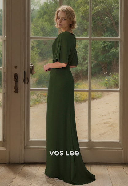 Vintage V Neck Floor Length Short Sleeves Dark Green Mother of the Bride Dress/Cocktail Dresses