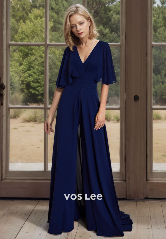 V Neck Elegant Short Sleeves Royal Blue Chiffon Formal Mother of the Bride Pant Suits Sweep Train