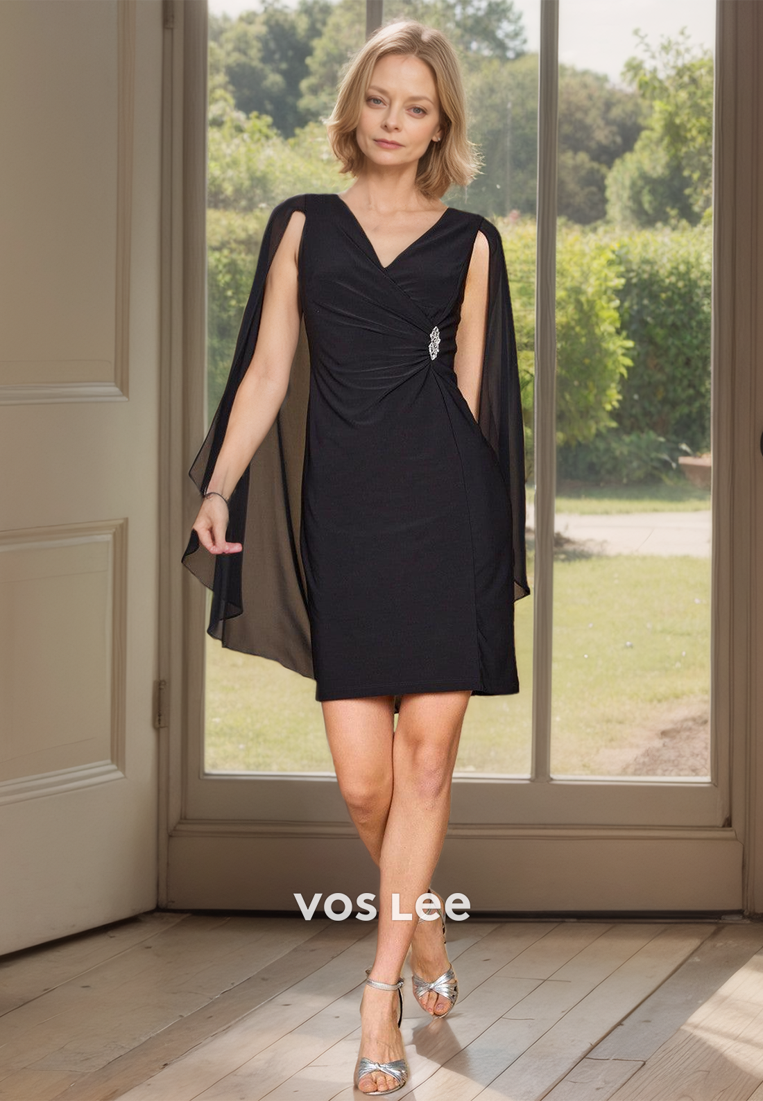 Black Chiffon V Neck Short Mother of the Bride Dress with Cap Sleeves