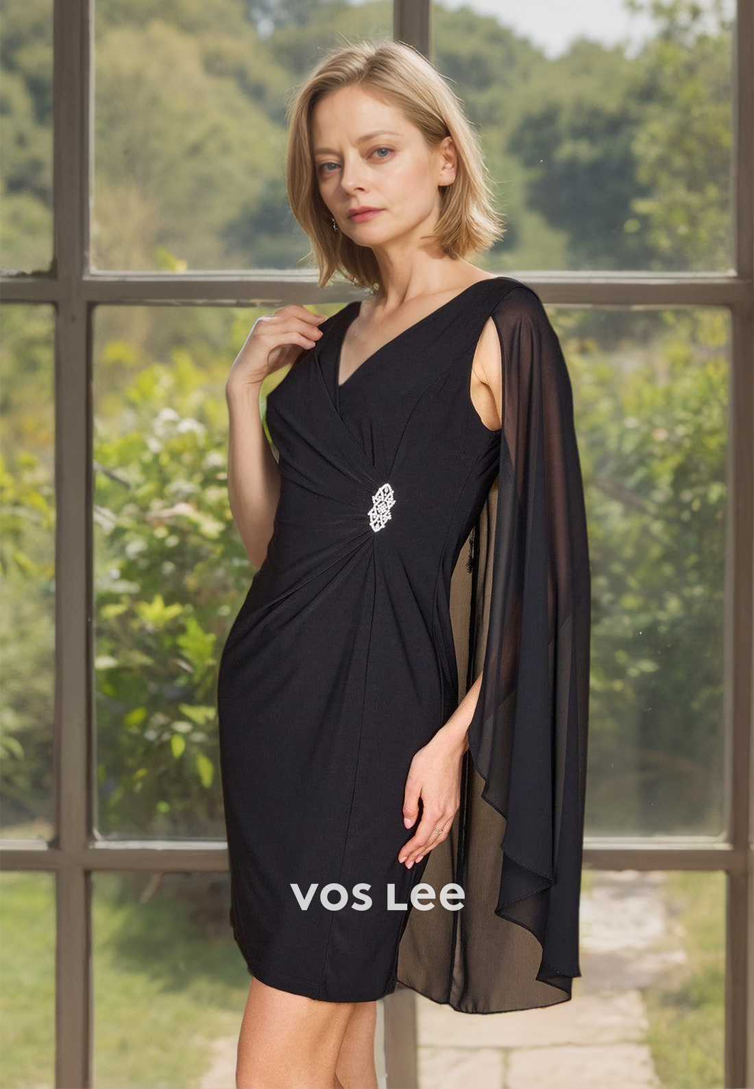 Black Chiffon V Neck Short Mother of the Bride Dress with Cap Sleeves