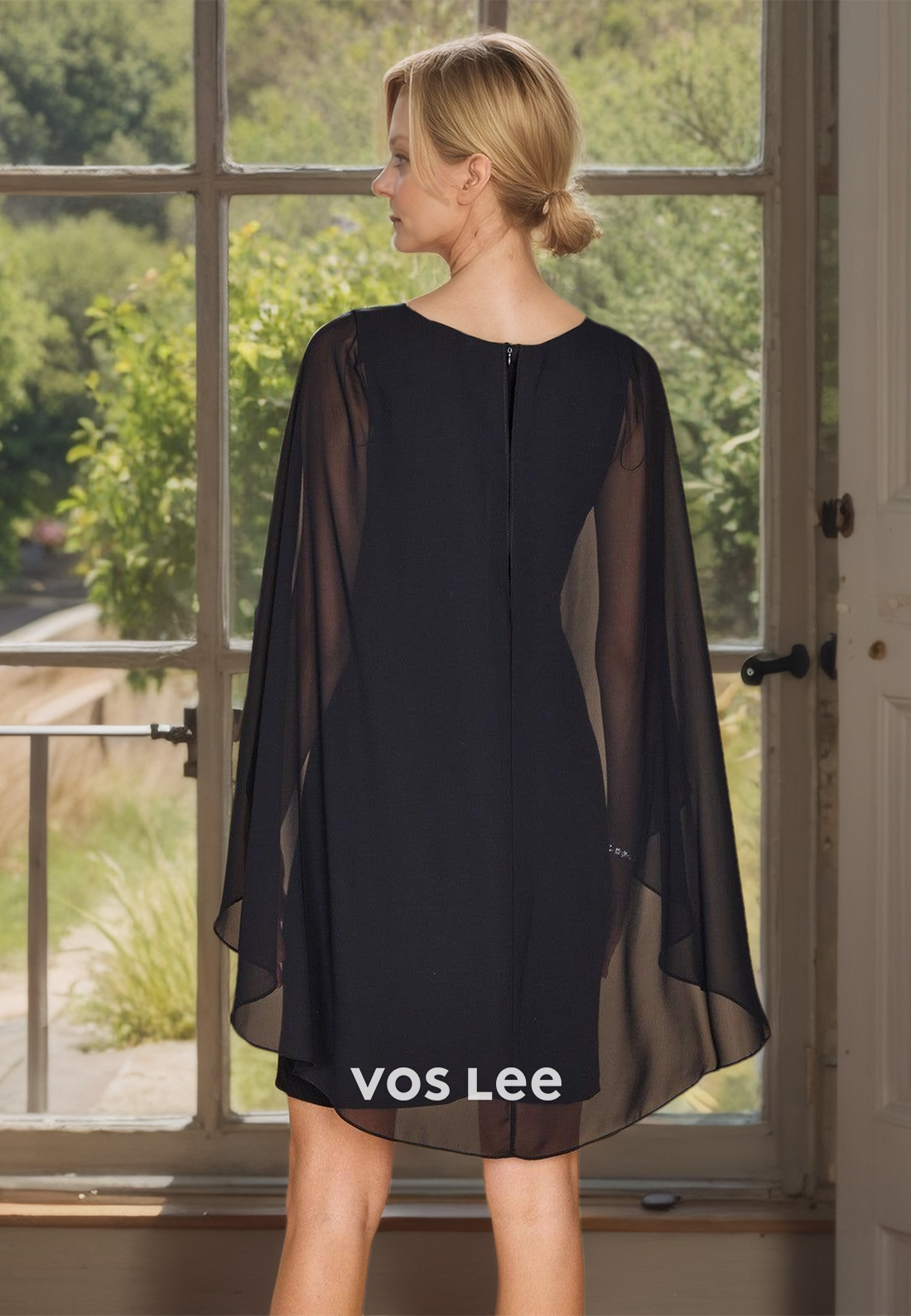 Black Chiffon V Neck Short Mother of the Bride Dress with Cap Sleeves