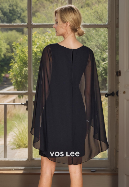 Black Chiffon V Neck Short Mother of the Bride Dress with Cap Sleeves