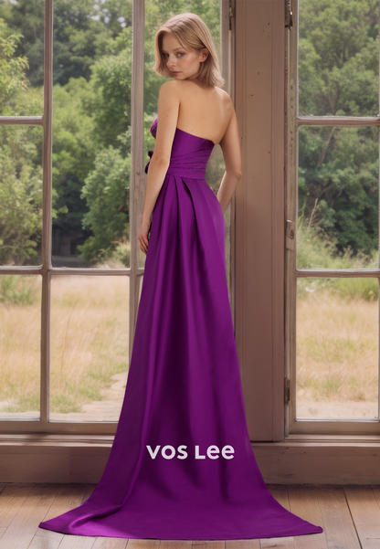 Gorgeous Strapless Purple Satin Pleated Floor Length Mother of the Bride Dress Zipper Back