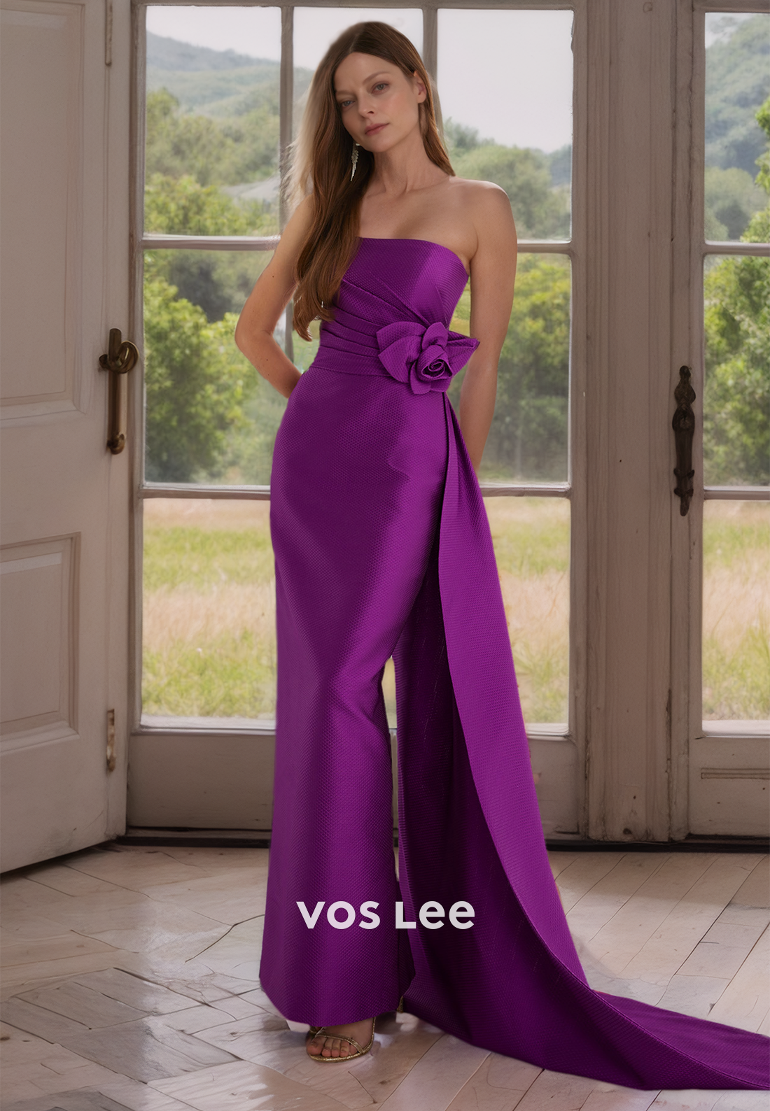 Gorgeous Strapless Purple Satin Pleated Floor Length Mother of the Bride Dress Zipper Back