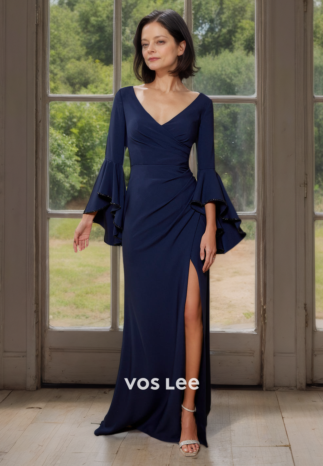 Elegant Ruffled Long Sleeves Floor Length Mother of the Bride Dress with Side Slit