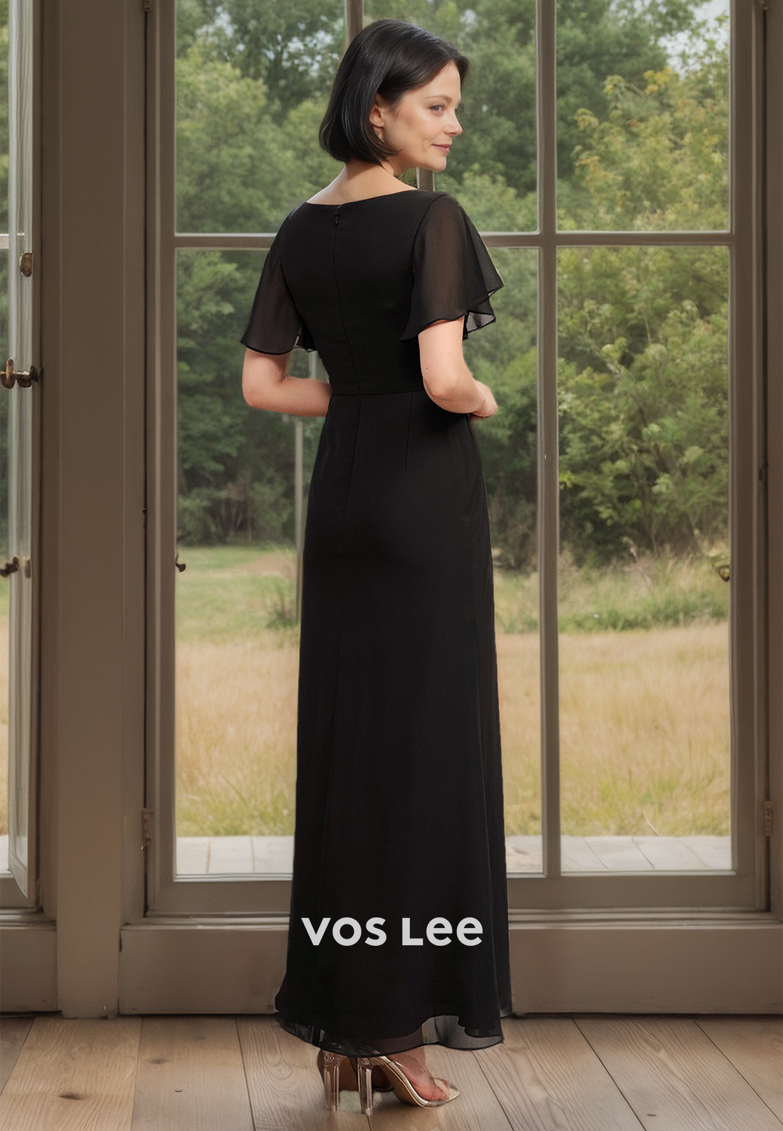 Modest Chiffon Black Column Scoop Ankle Length Mother of the Bride Dresses with Short Sleeves