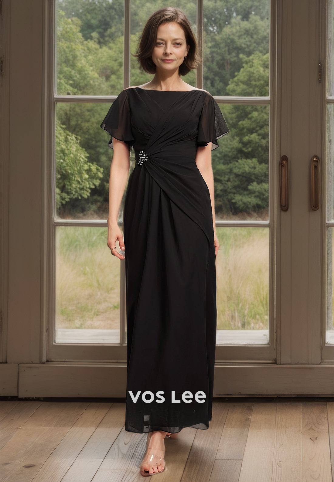 Modest Chiffon Black Column Scoop Ankle Length Mother of the Bride Dresses with Short Sleeves