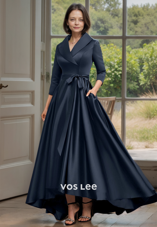 V Neck A-Line Neptune Formal Satin Mother of the Bride Dress with Long Sleeves