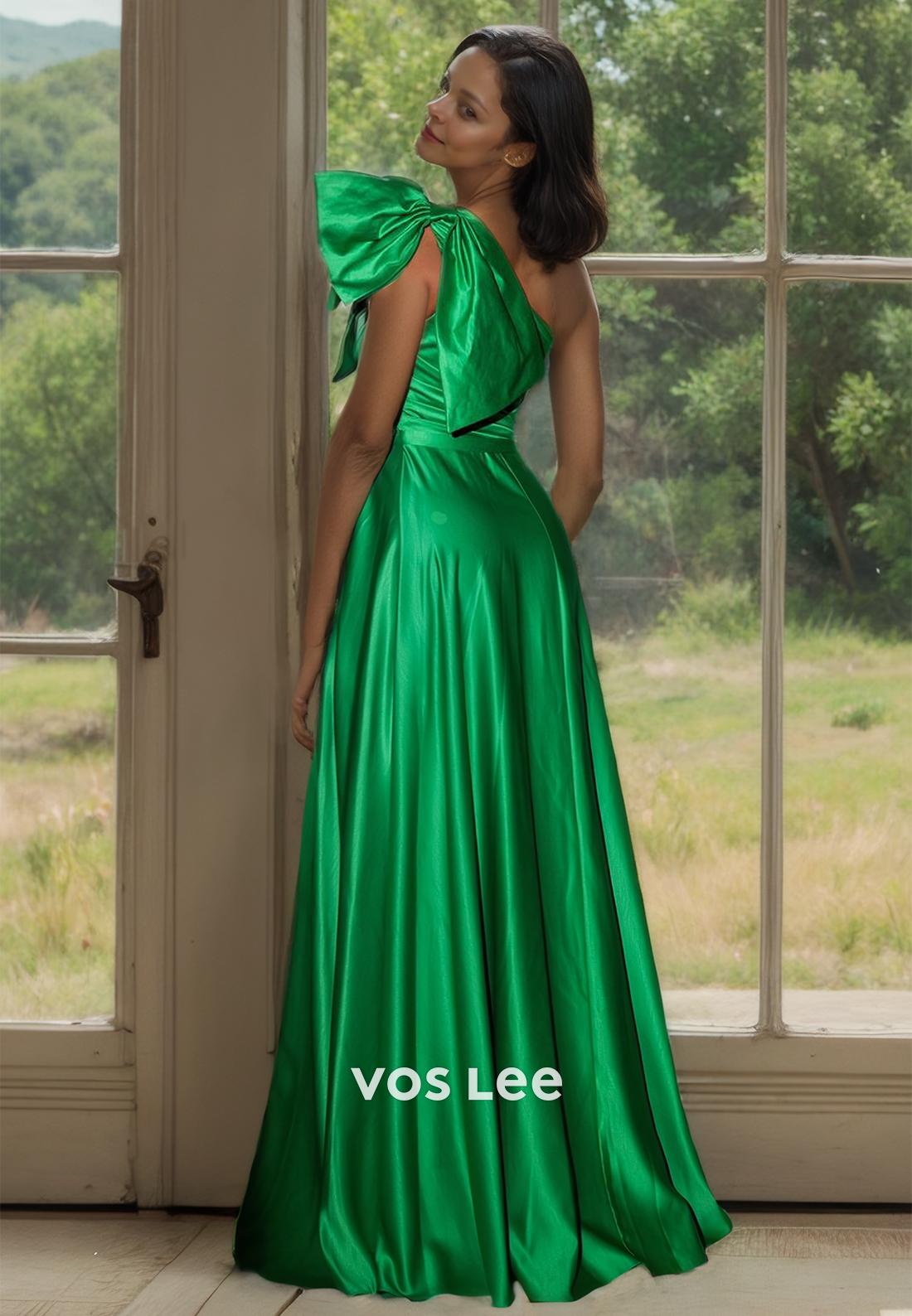 Elegant A-Line Green Satin Bow One Shoulder Pleated Mother of the Bride Dress Floor Length