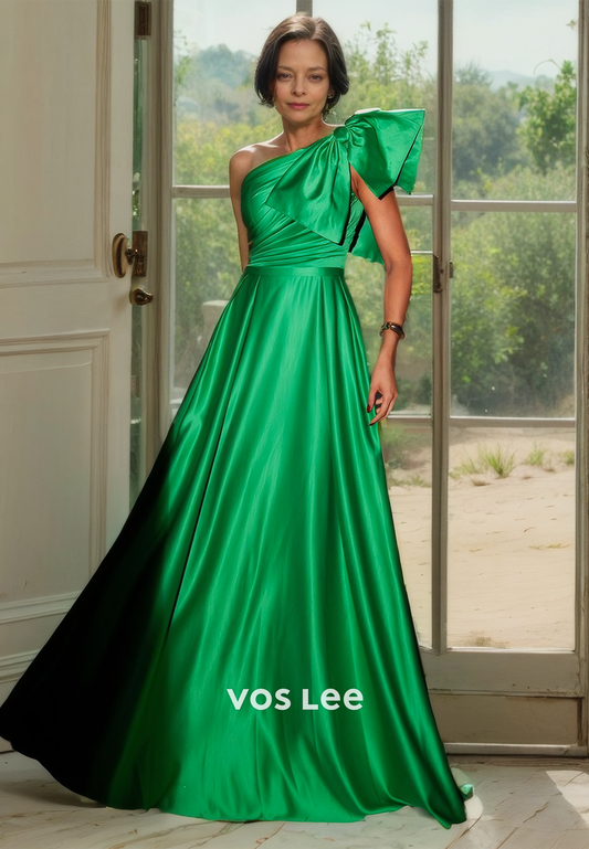 Elegant A-Line Green Satin Bow One Shoulder Pleated Mother of the Bride Dress Floor Length