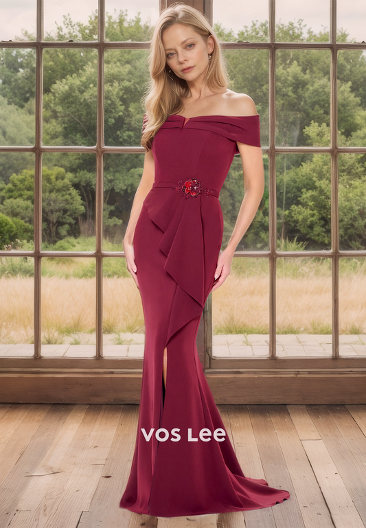 Elegant Burgundy Off-Shoulder Mermaid Mother of the Bride Dresses Floor Length