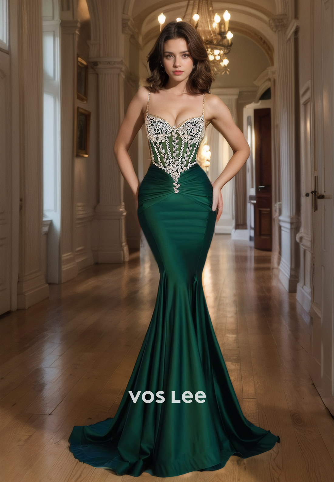 Classy Mermaid Sweetheart Dark Green Prom Gown Floor Length Beads Formal Long Dress with Spaghetti Straps