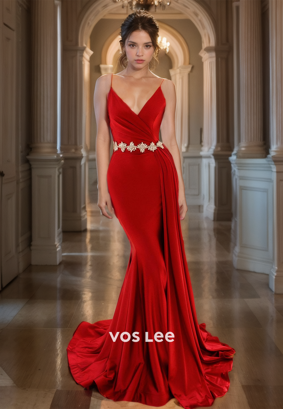 Elegant Satin Red V Neck Evening Prom Dress Spaghetti Straps Belt Mermaid Cocktail Dress