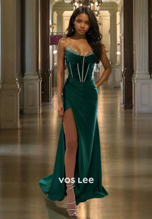 Column Dark Green Sweetheart Prom Dress Satin Floor Length Quinceanera Dresses with High Slit