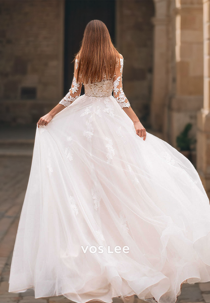 Graceful A-Line Long Sleeves Boho Wedding Gown Lace Floor Length Tulle Bridal Dresses