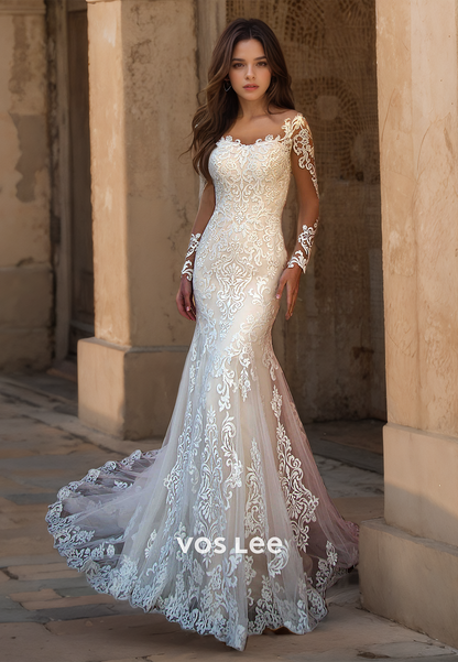 Luxurious Lace Mermaid Wedding Dress with Long Train Full Sleeves Button Back Wedding Dresses