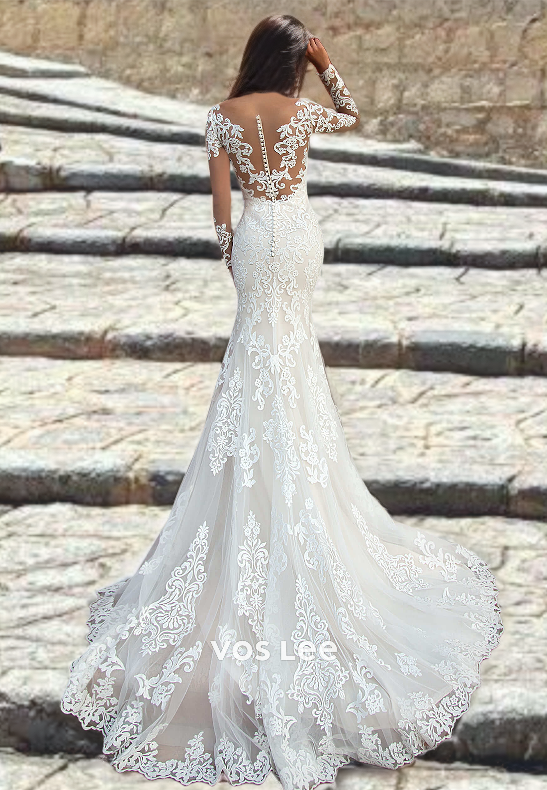 Luxurious Lace Mermaid Wedding Dress with Long Train Full Sleeves Button Back Wedding Dresses