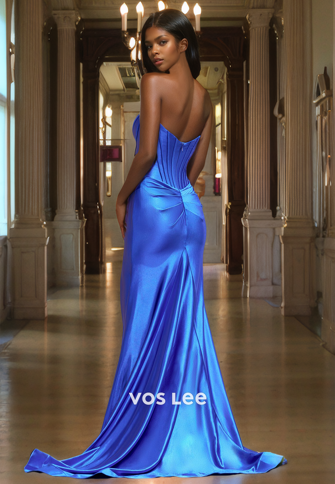 Simple Column Strapless Ruched Side Split Satin Prom Evening Dress