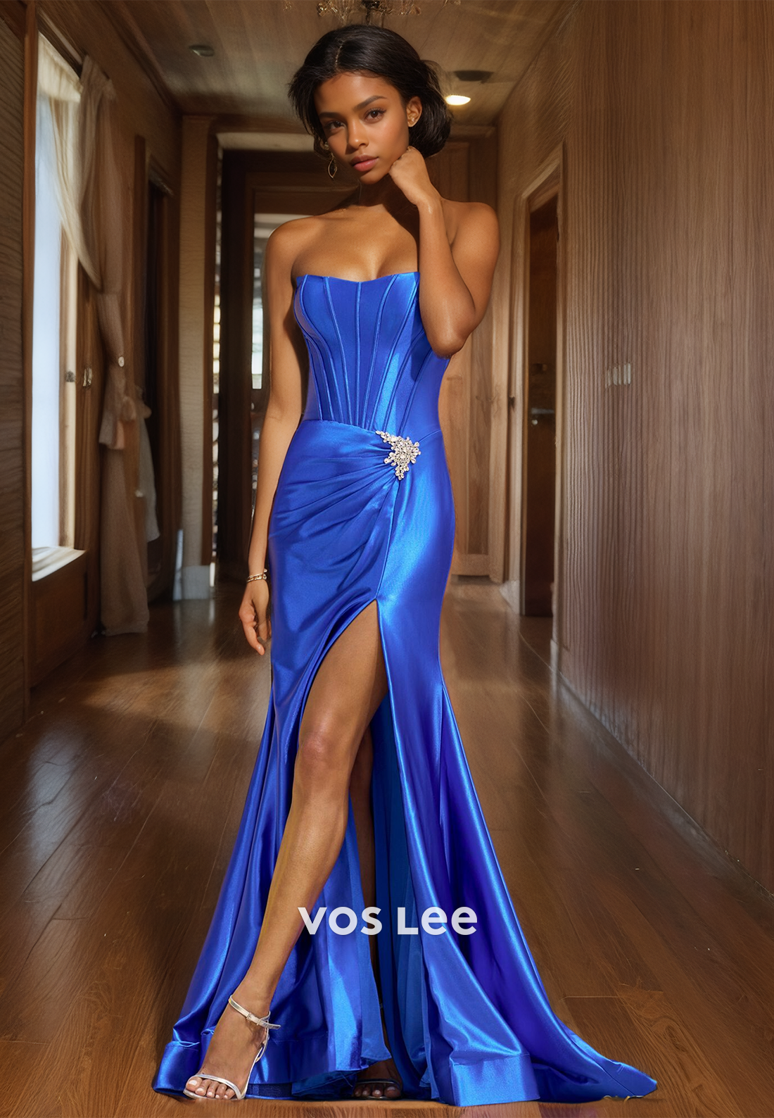 Simple Column Strapless Ruched Side Split Satin Prom Evening Dress