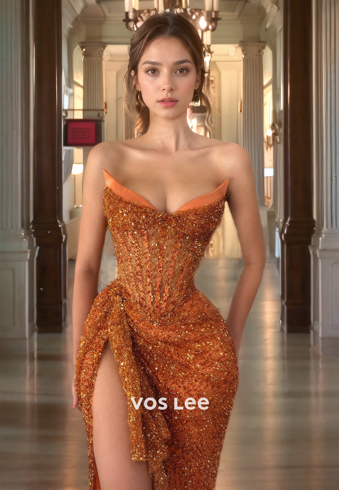 Luxurious Sequined Sweetheart Orange Formal Occasion Party Dress Strapless Floor Length Prom Dress with High Slit