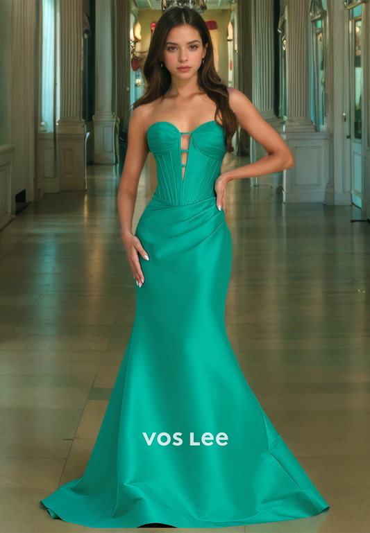 Mermaid Sheath Deep V Neck Ruched Satin Prom Formal Dress