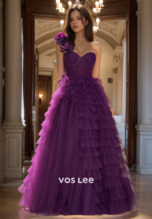 Graceful One Shoulder Purple Tulle Prom Dresses A-Line Tiered Luxury Quinceanera Dress