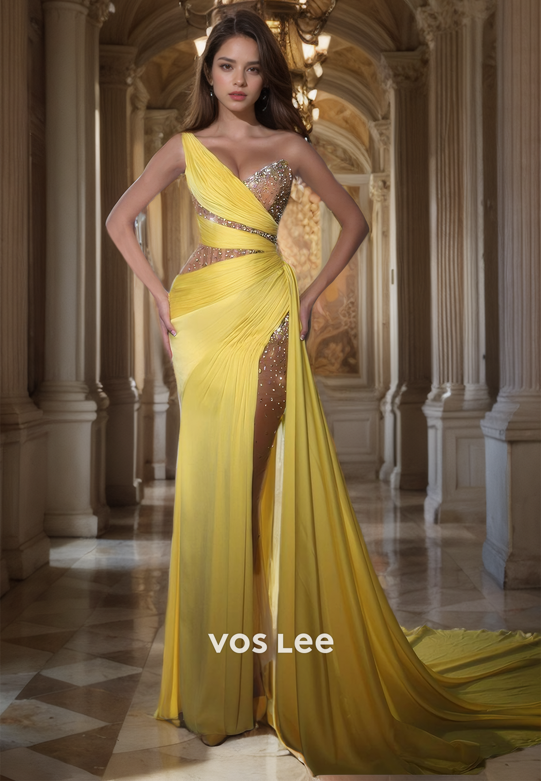 Luxurious Chiffon One Shoulder Yellow Quinceanera Dress Sparkly Sequined Pleated Prom Dress