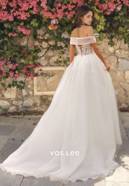 A-Line Appliqued Off-Shoulder Boho Wedding Dress Sweetheart Tulle Floor Length Princess Bridal Dress